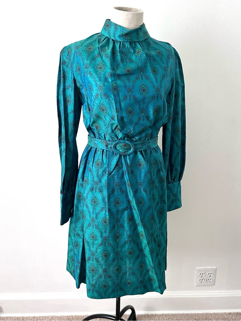 VTG 60s Teal Peacock Feather Print Shirt Dress High Neck Long Sleeve Belted Sz S